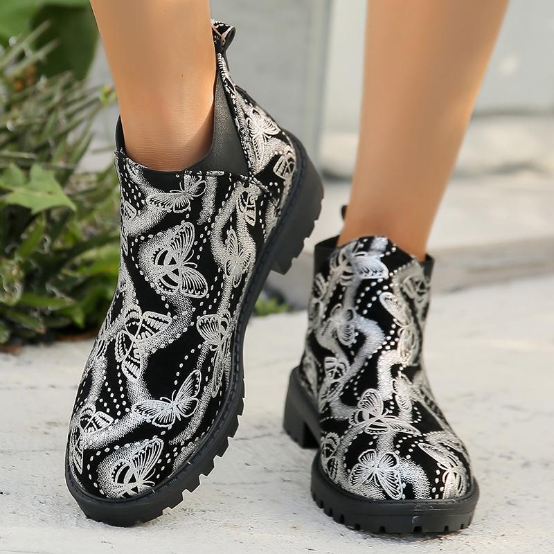 Модные рабочие ботинки большого размера из золота и серебра, женские офисные ботинки с принтом бабочек 2024 года, модные нескользящие туфли на плоской подошве