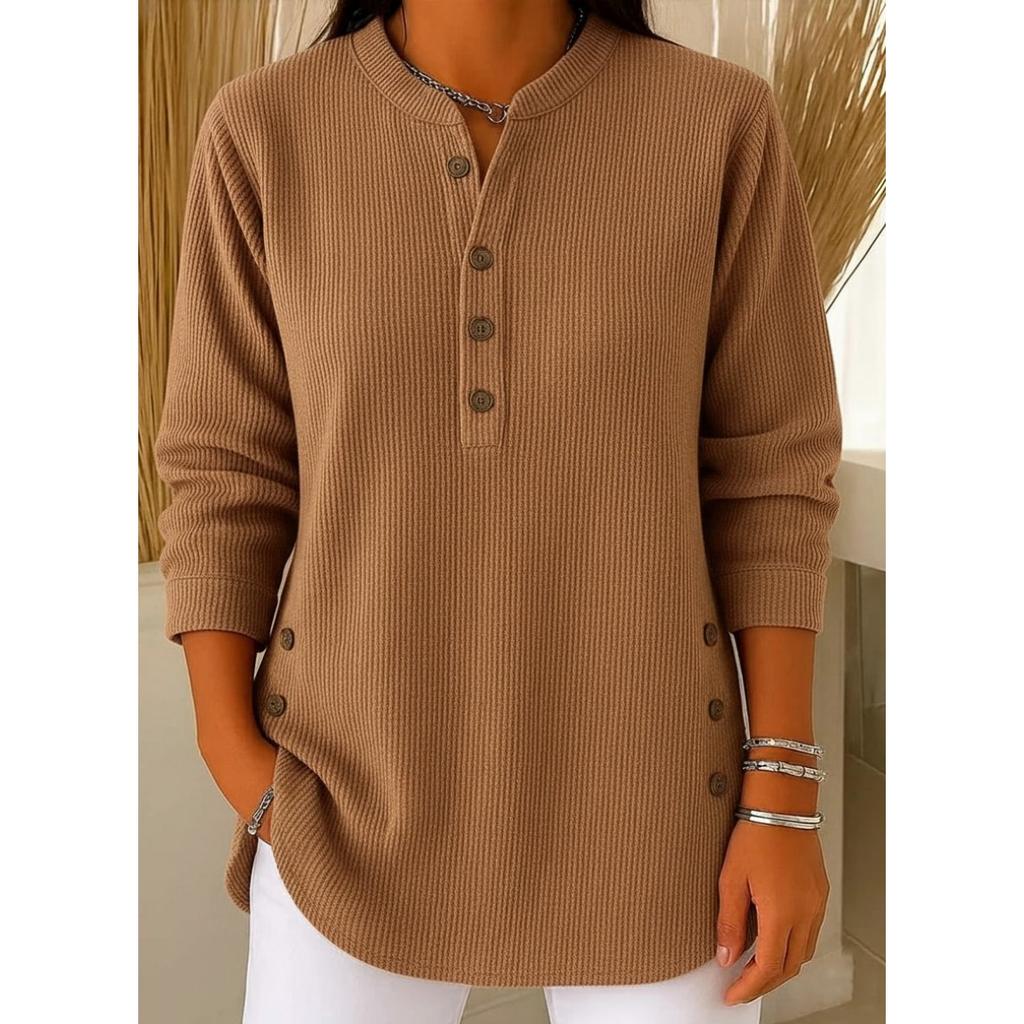 Осень Зима 2025 Новая Женская Однотонная Свободная Футболка Топ с V-образным вырезом на пуговицах и длинным рукавом в стиле кэжуал для Европы Америки