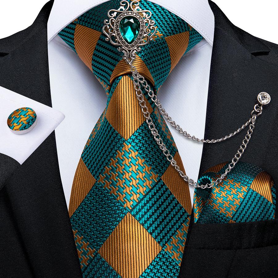 Dibangu Новинка, галстуки для мужчин, зеленый галстук с брошью, шелковый галстук, носовой платок, запонки, винтажные