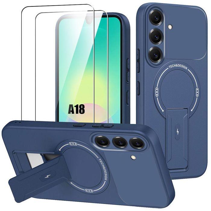 Coque pour Samsung Galaxy A18 4G/5G, Silicone Antichoc avec Support Bleu Marine - 2 Verres Trempés