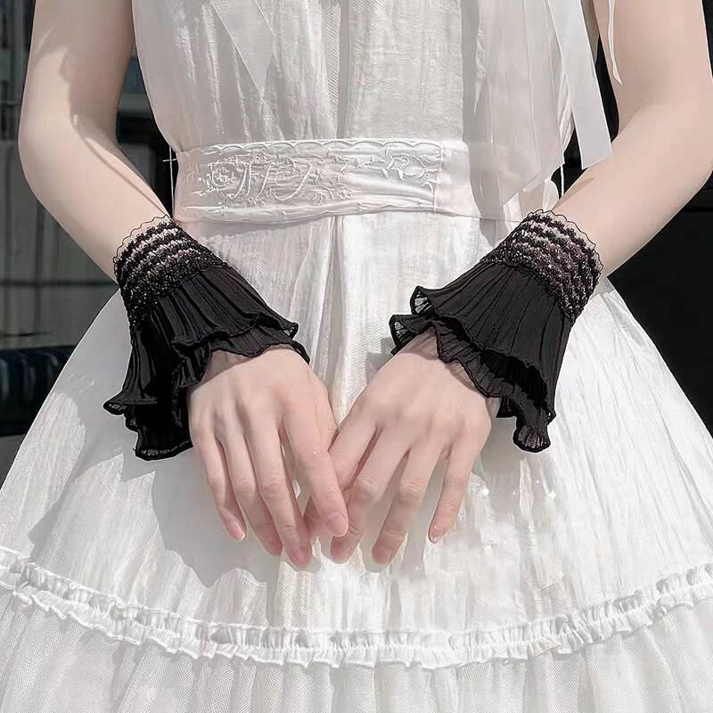 White Romantic Fake Sleeves DIY Detachable Cuffs Elastic Wrist Pleated Organ Lolita Ruffle Arm Sleeves Cuff Extension