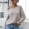 Women's Autumn and Winter Strapless O-neck Pullover Knitted Solid Color Temperament Commuter Loose Large Size Sweater