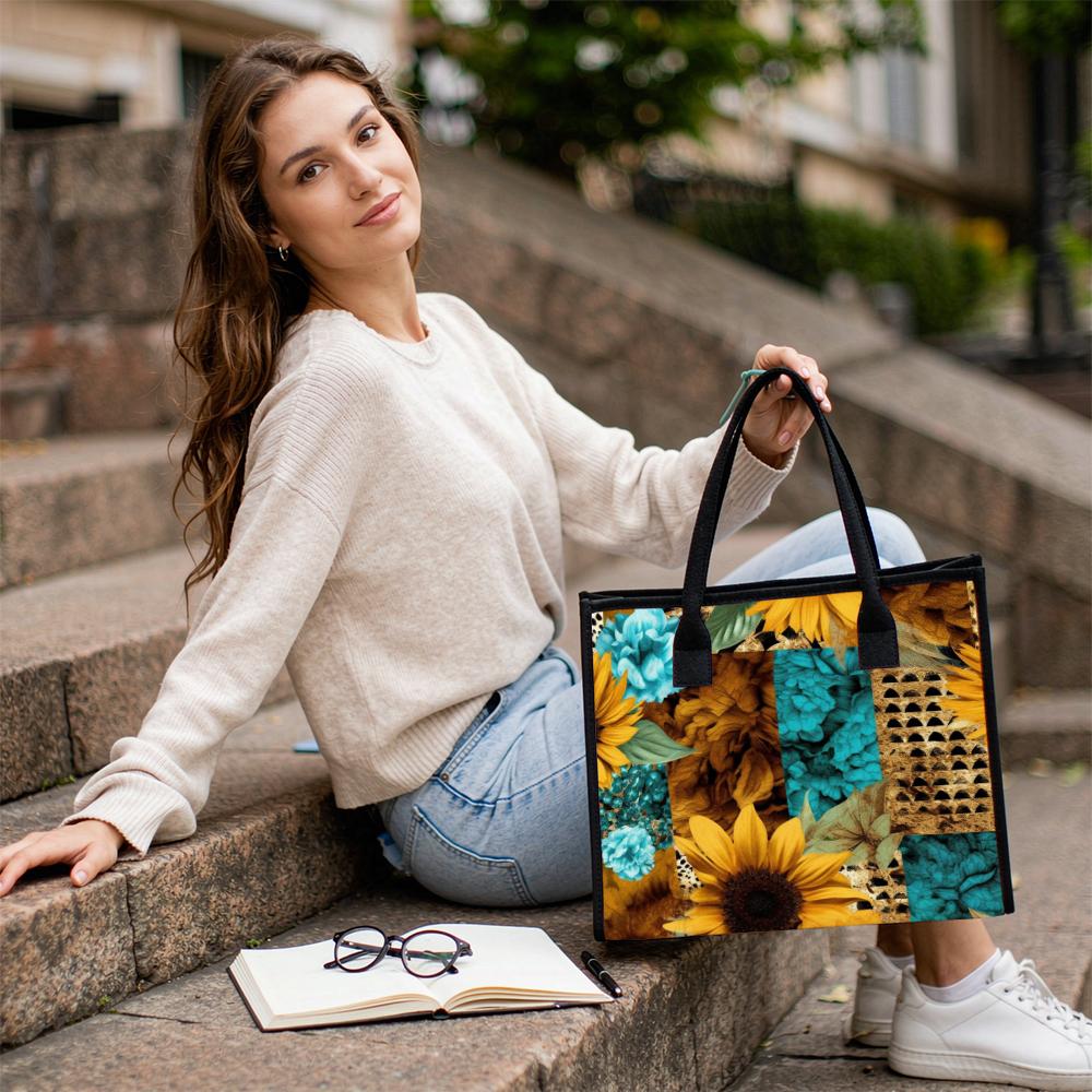 Sunflower Teal Floral Tote Bag for Women Casual Outdoor Daily Use Large Capacity Portable Handbag