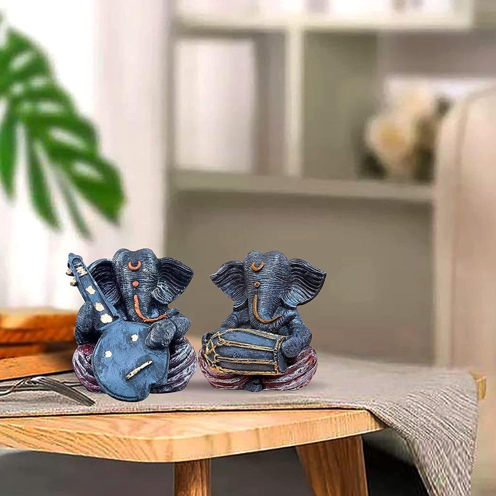 Resin Musical Ganesha Pair for Home Decor | Brings Prosperity - (Grey & Red, Pack of 2)