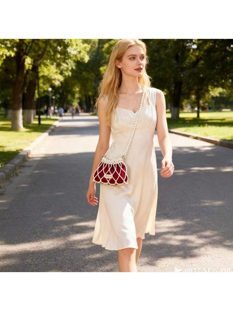 Designer Original Half Moon Bag - Handcrafted Red Crossbody with Detachable Pearl Strap, Artisan DIY Inspired Clutch GUCCI-GIFT-53