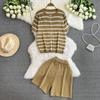 Summer Women Casual Knitted Sweater Pant Set Single Breasted Striped Tops and Shorts Chic Student Two Piece Suit