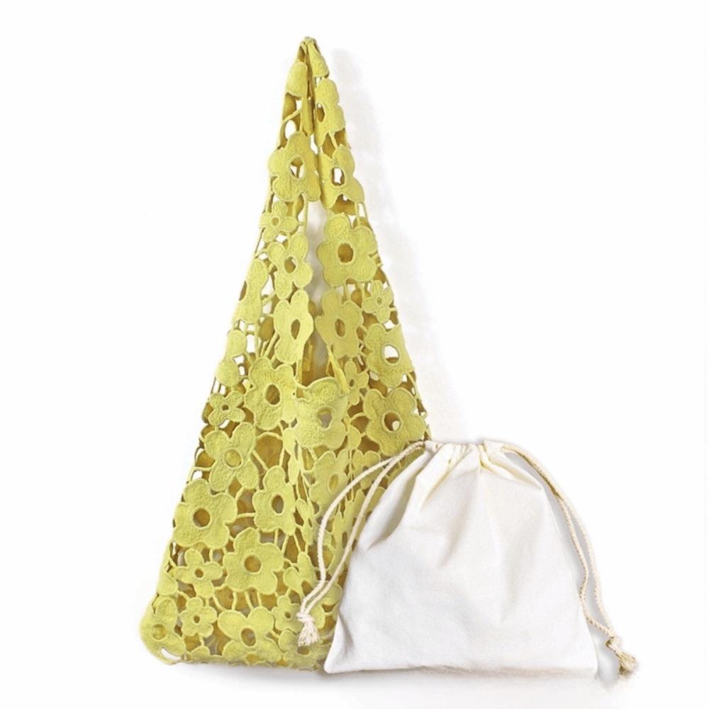 Vintage Woven Flower Tote Bag Large Capacity Soft Hollow Out Embroidered Handbag Polyester Fiber Has Inner Pocket