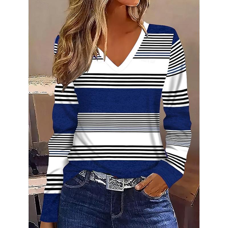 Striped Checkered Printed Pattern Women's Long Sleeved T-shirt, Winter Warm T-shirt Top, Fashionable Casual T-shirt, Must-have Top for Parties