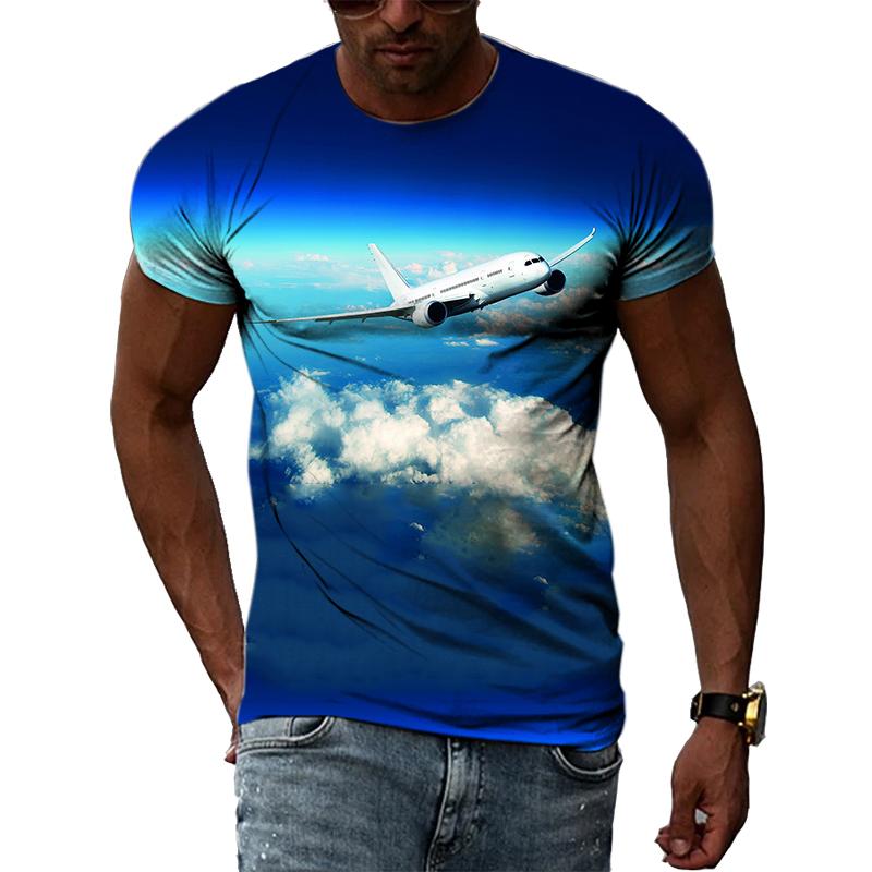 Fashion New 3D Printed Airplane Graphic T Shirts For Men Summer Trend Casual Fun Round Neck Short Sleeve Streetwear Tees Tops