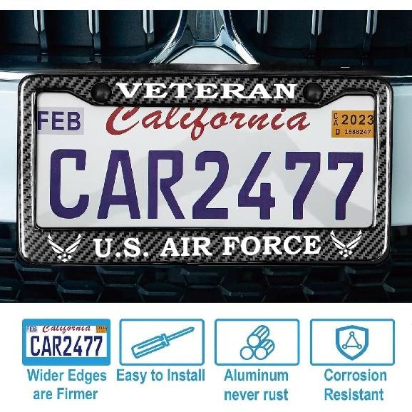 2PCS Matte Carbon Fiber Pattern License Plate Frames Compatible with F 2 Holes Solid Aluminum Veteran License Plate Holders for Air Force, Universal