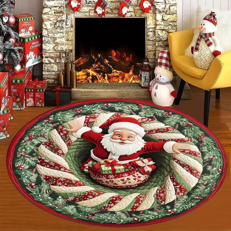 Santa Claus Round Carpet 3D Optical Illusion Pattern Floor Mat Christmas Holiday Decor Non-Slip Rug for Living Room Bedroom