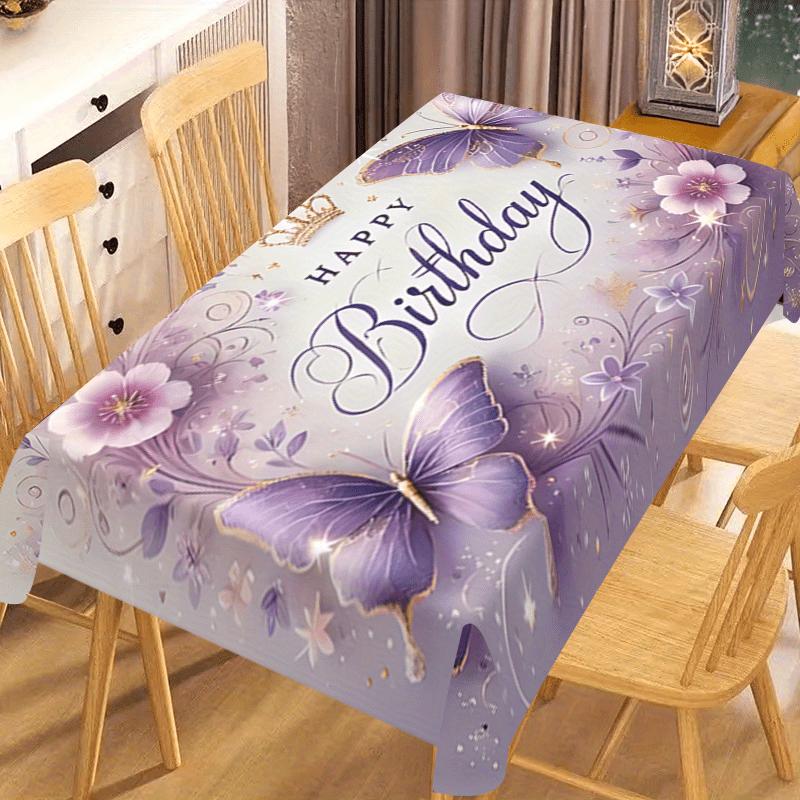 1Pc Purple Butterfly Floral Happy Birthday Tablecloth Lavender Print Table Cover For Party Celebration Decorative