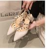 Rivet Bag Head Sandals Women's Thick Heel Spring and Summer New Willow Nail Fashion Patent Leather Pointed Beige Wedge Heel Cool