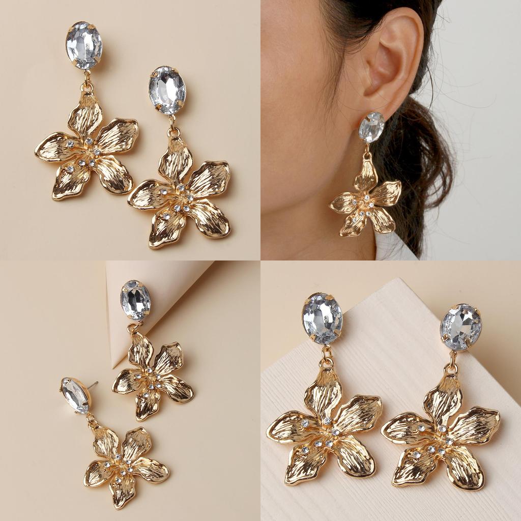 Metallic Flower Gold Earrings With Decorative Stones For Fashion And Celebration