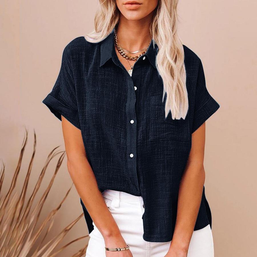 Women's Cotton Linen Lapel Button‑Up Shirt, Irregular Pocket Short Sleeve Summer Top