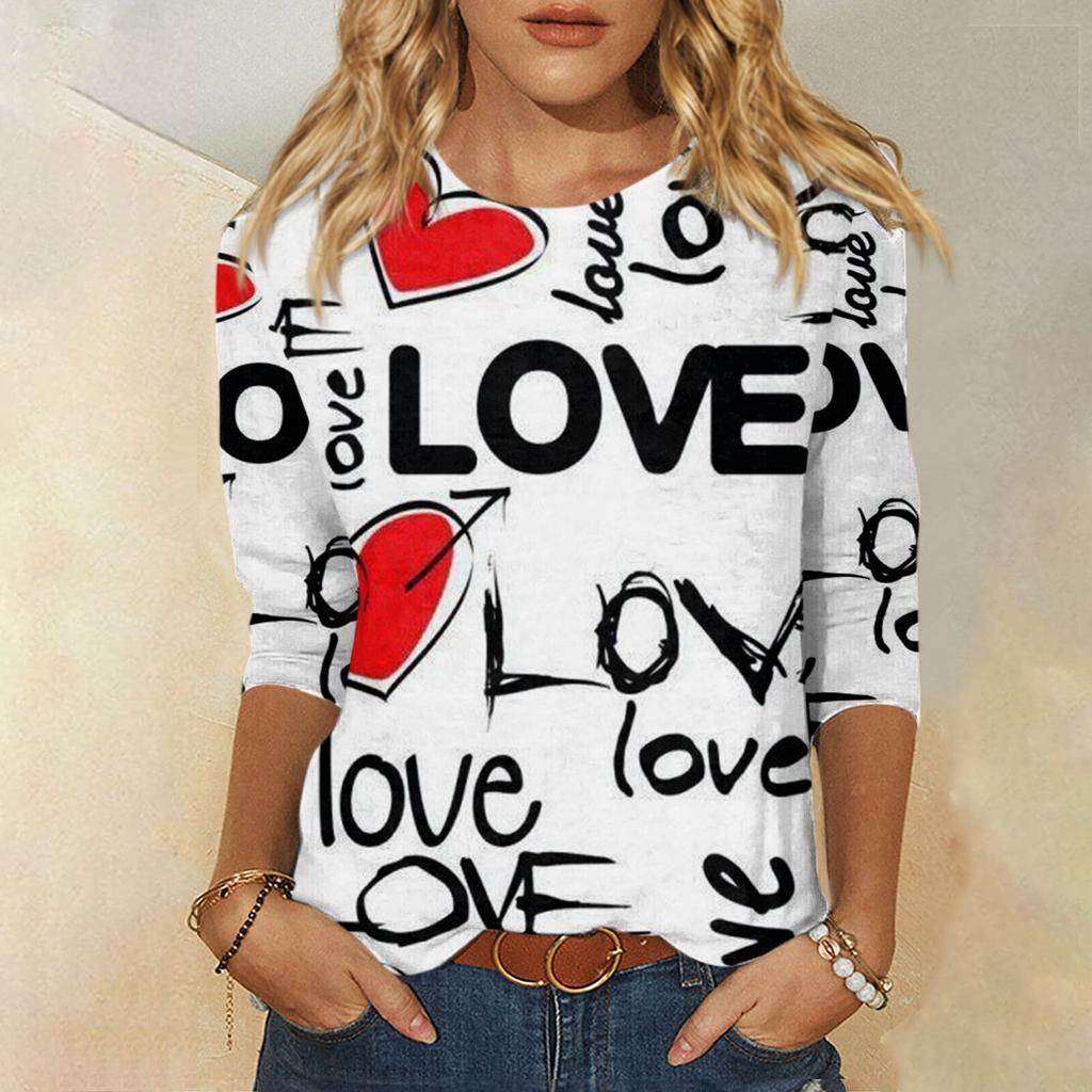 Женская мода, повседневная свободная футболка с принтом на День святого Валентина и круглым вырезом, рукав 3/4, женский топ