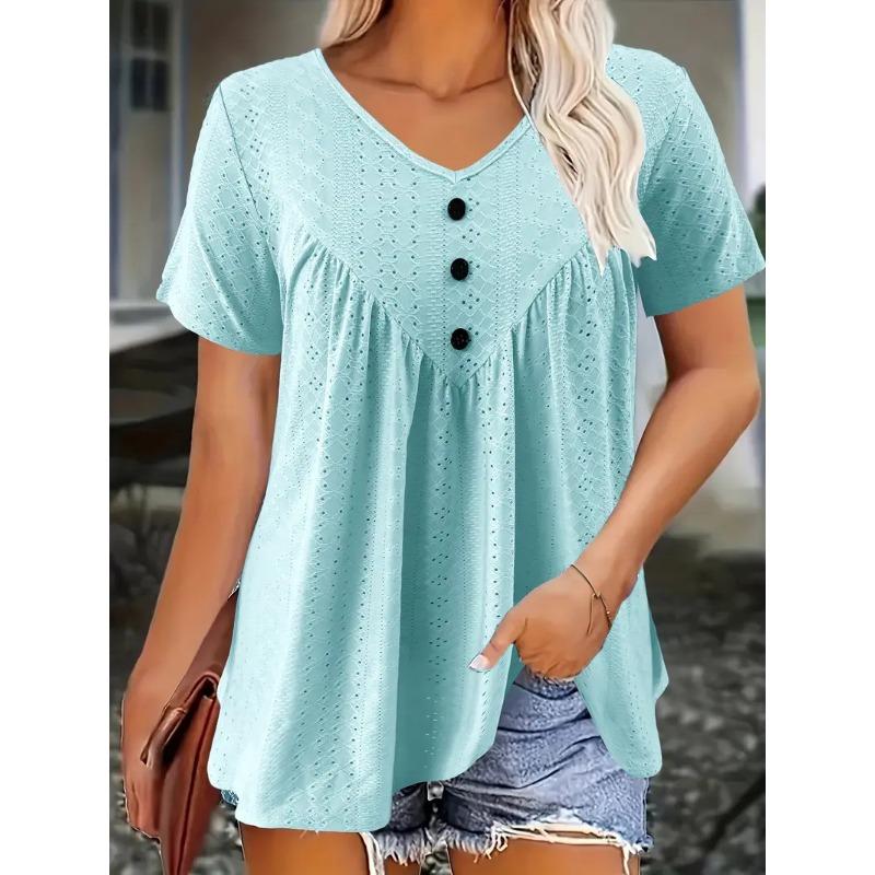 Women Short Sleeve V Neck Casual T Shirt With Button Detail