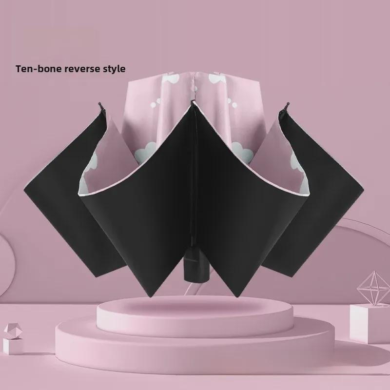 Автоматический женский зонт-цветок двойного назначения: Защита от ветра/дождя и УФ-излучения с тройным складыванием на черном клее.