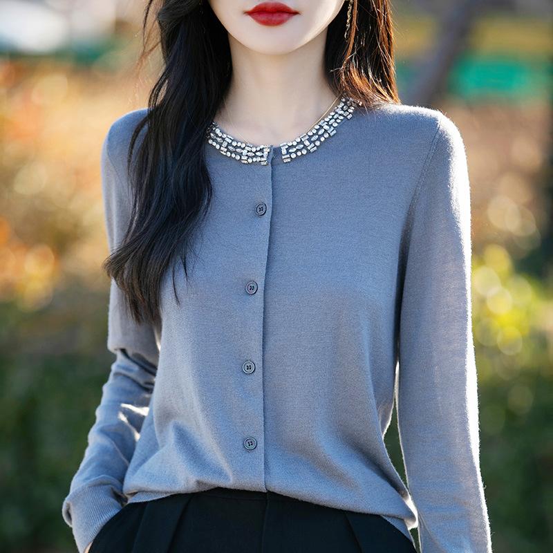 Autumn And Winter New Silk Wool Cardigan Women'S Crew Neck Crystal Diamond Sweater Loose Knit Backing Jacket Top