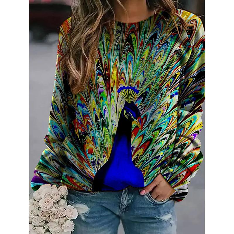 Spring And Autumn 3D Peacocks Printed Long Sleeve T Shirt Women Florals Pullover Harajuku Clothing Fashion Women Tops Sweatshirt