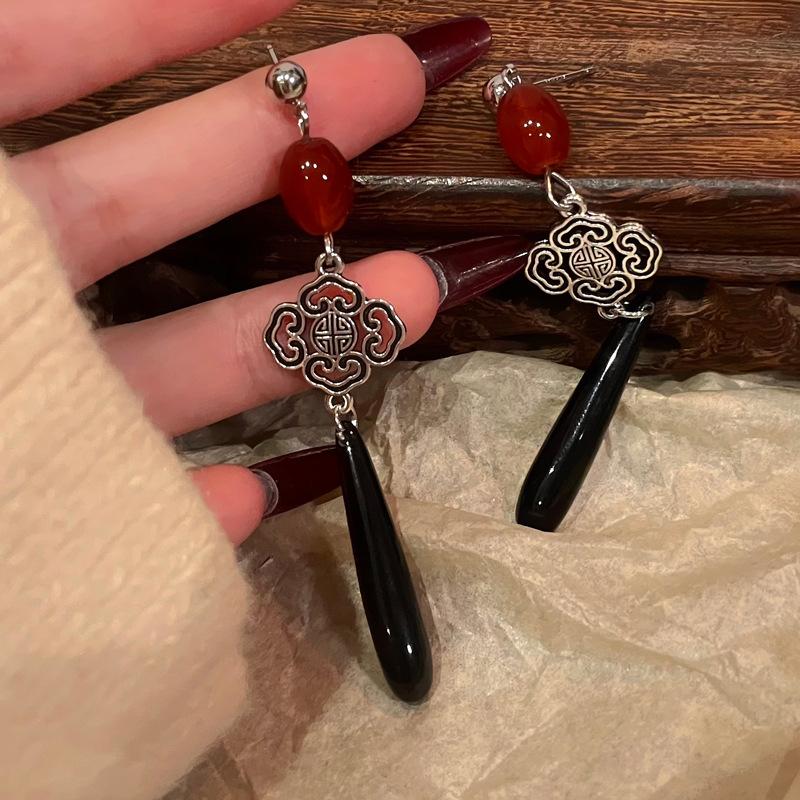 Silver Needle New Chinese Water Drop Chinese Knot Tassel Earrings Retro Guochao Earrings Personality Trend Fashion Earrings