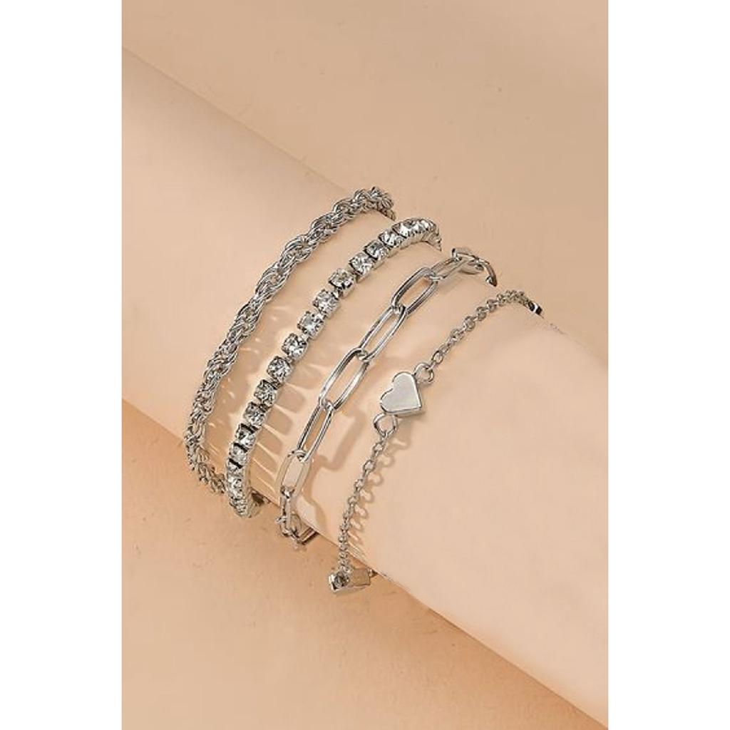 Женский набор из 4 комбинированных серебряных браслетов с сердечками