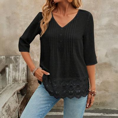 Женская рубашка с V-образным вырезом, рукавом 3/4, повседневная, с кружевной вставкой на подоле, жаккардовым декором, однотонная, дышащая