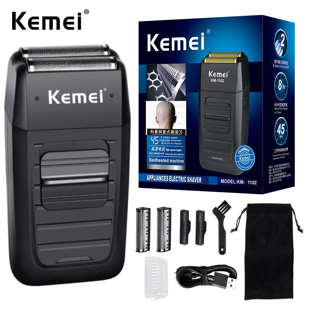 Kemei KM-1102 Аккумуляторная беспроводная бритва для мужчин с двумя лезвиями, возвратно-поступательная бритва для бороды, уход за лицом, многофункциональный мощный триммер