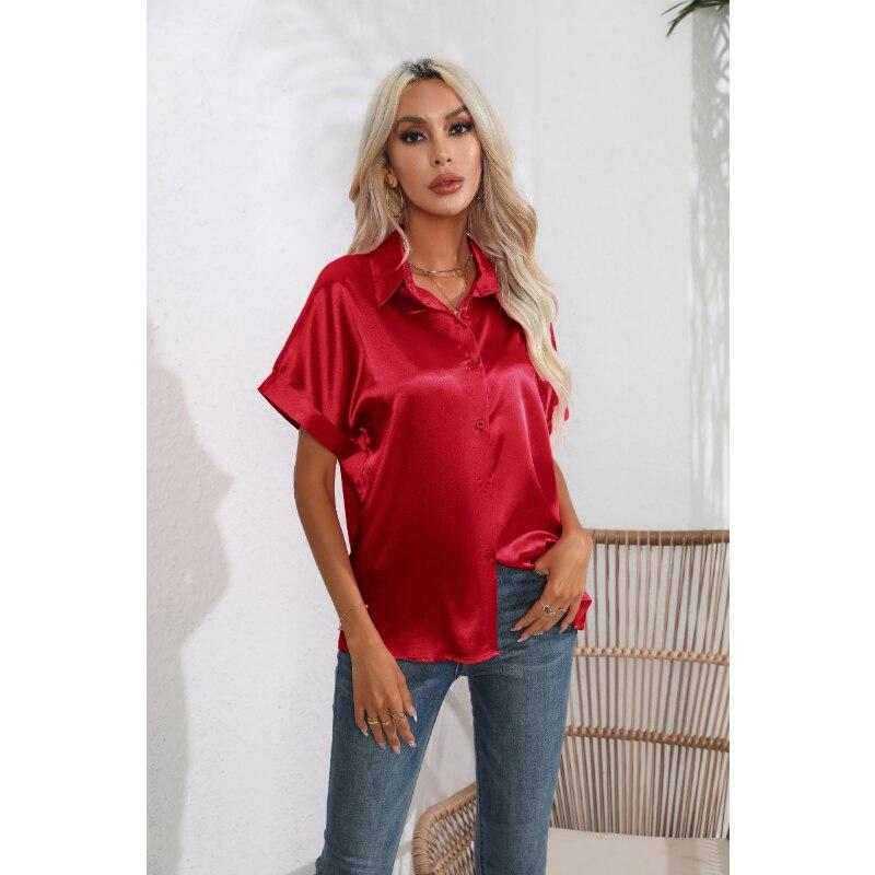 Summer Silk Shirts Women Button Up Satin Blouse Loose Office Short Sleeve Ladies Tops Casual Shirt Elegant 26103