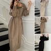 Autumn Winter Lady Dress Knitted High Collar Neck Protection with Belt Long Lantern Sleeves Ankle Length Button Decor Solid Color Maxi Dress
