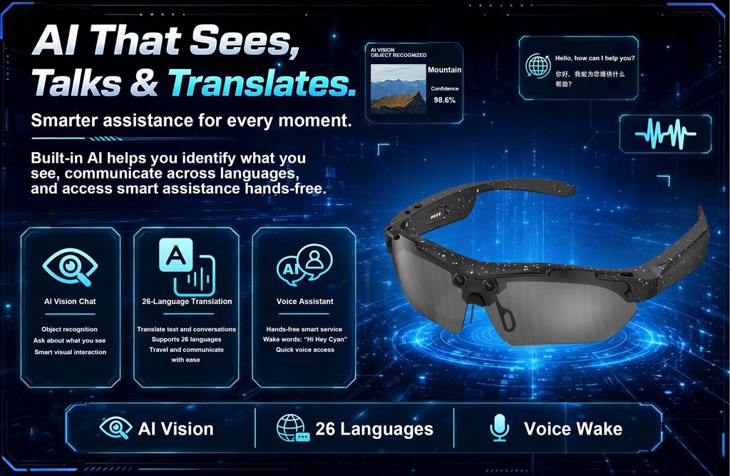 ERVPES AI Smart Glasses G6 Pro 1080P Camera Anti-Shake Bluetooth Call Translator 26 Languages