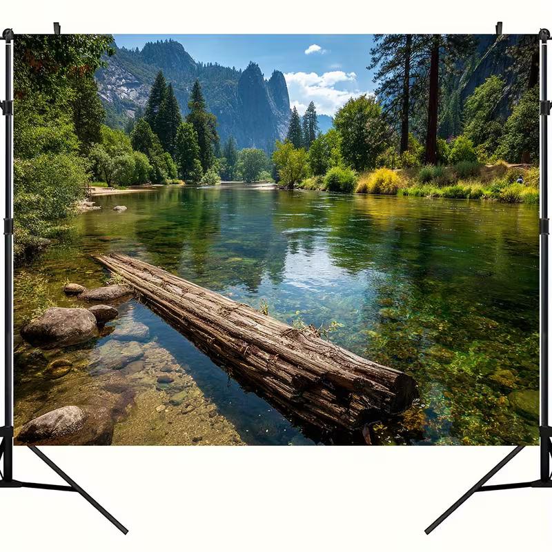2D Yosemite Backdrop, Forest River Mountain Photography Background