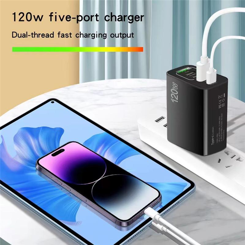 120 Вт 5-портовое USB-зарядное устройство для быстрой зарядки с вилкой EU US UK, настенное зарядное устройство PD для быстрой зарядки iPhone Samsung Xiaomi, зарядный адаптер