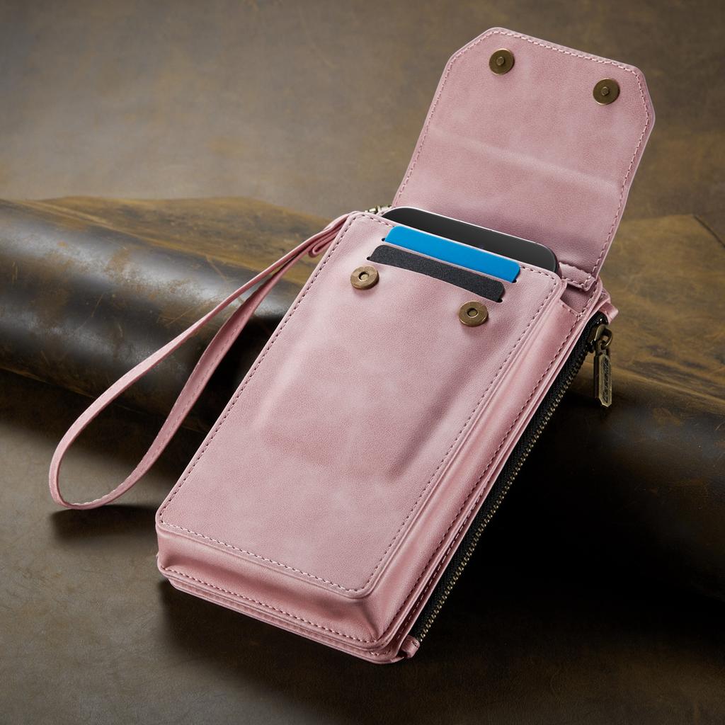 Multi-function Cellphone PU Leather 9 Card Slots Wallet Case with 2 Ropes for iPhone Samsung Xiaomi Anti-theft Brush Universal Size Zipper Bag