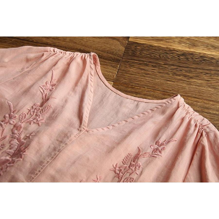 Summer Floral Embroidered T-shirt V-neck Cotton Linen Casual Pullover Short Sleeve Blouse Top for Women