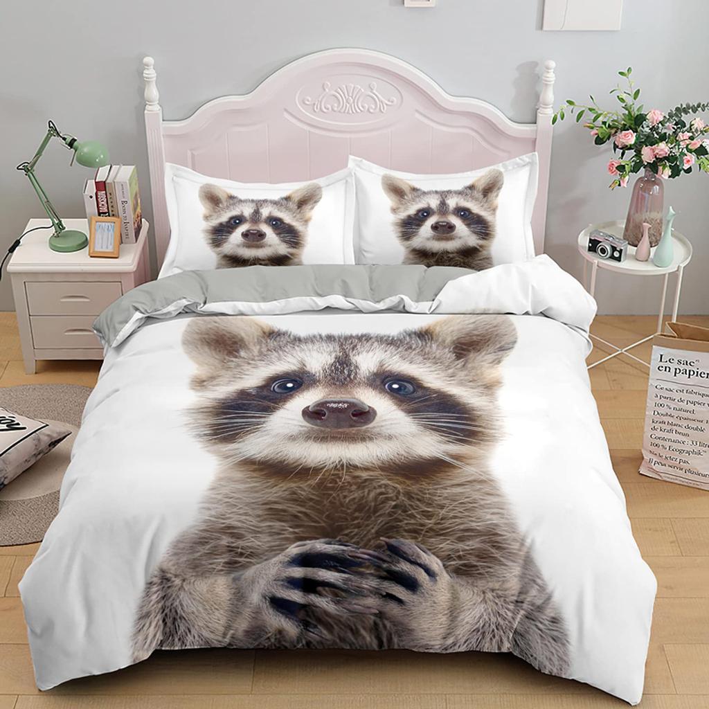 Пододеяльник с изображением енота размера King Queen, комплект постельного белья с милым рисунком в виде животных, чехол из 2/3 предметов из полиэстера, пододеяльник