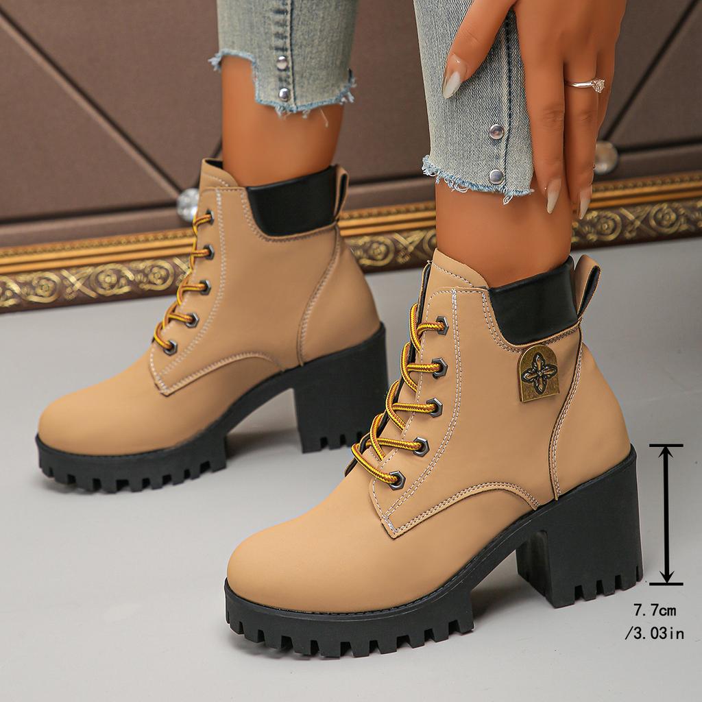 Foreign Trade Large Size Thick Heel British Style Color Matching Martin Boots Women's New Thick-soled Waterproof Table Lace-up Leather Boots