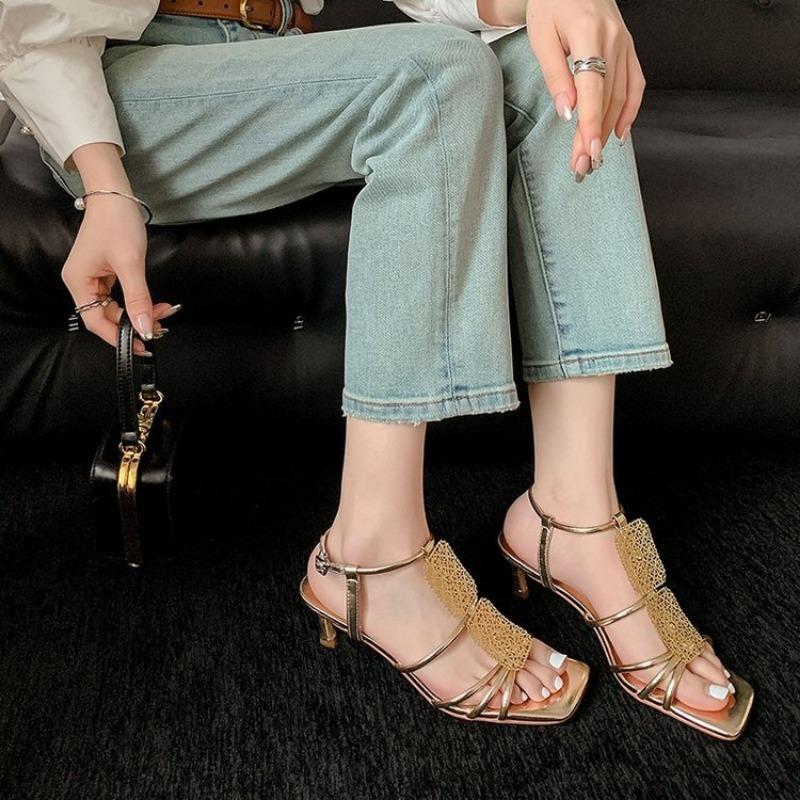 French Retro Fine Heeled High Heeled Sandalias 2024 Square Toe Open Toe Leather Buckle Strap Sexy Gold Heels Zapatos Mujer 2024