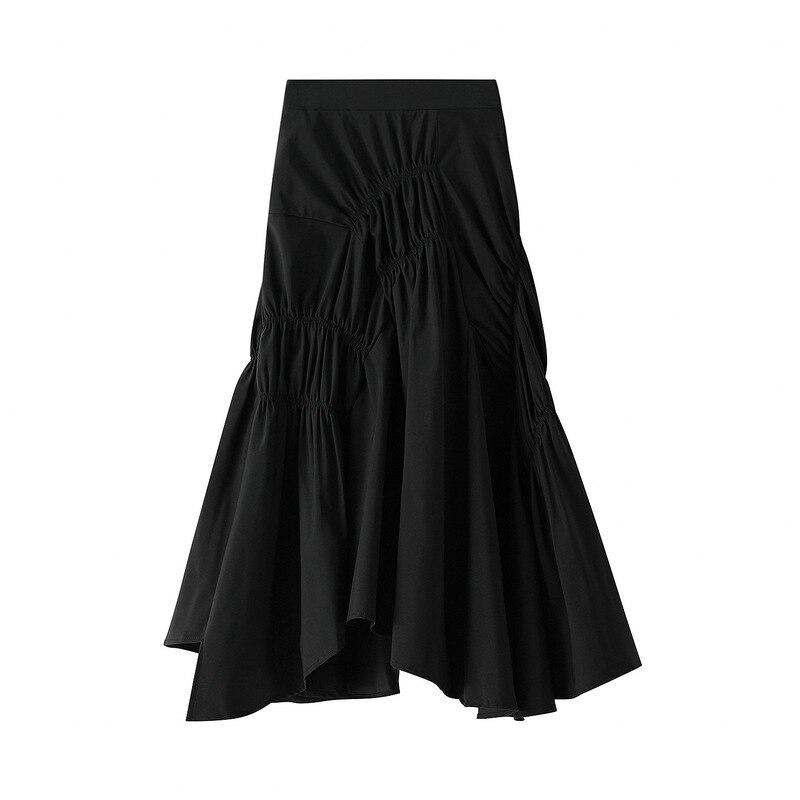 Qooth Women Ins Solid Color Pleated Asymmetrical A-line Skirt Casual High Waist Mid-length Long Skirt For Spring Summer QT2044