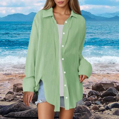 Женская рубашка с лацканами, длинным рукавом, пуговицами, планкой, однотонная, свободного кроя, легкая в уходе, мятая рубашка