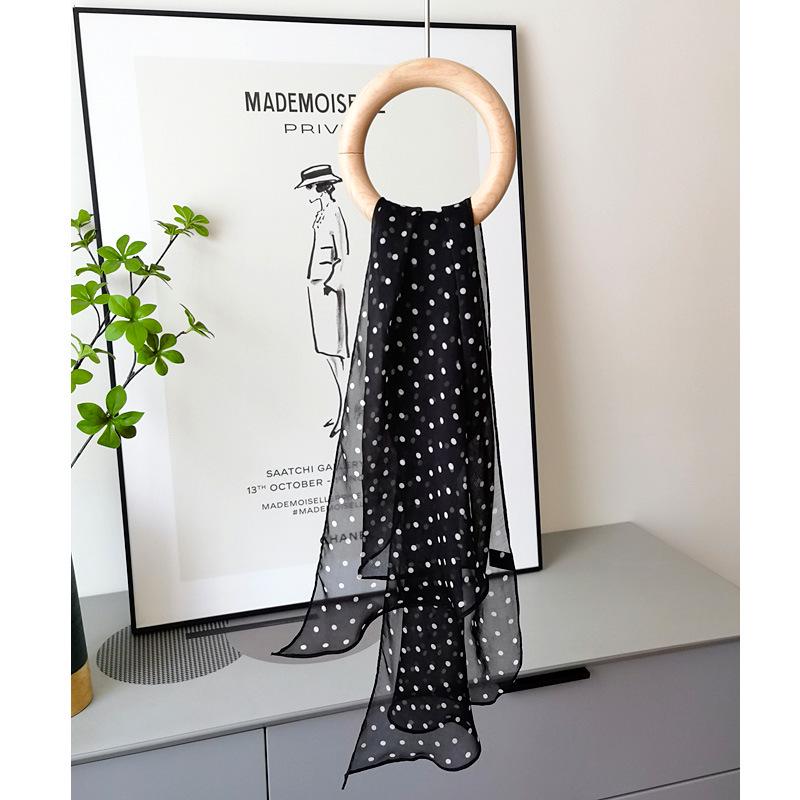 French Retro Black Polka Dot Silk Georgette Narrow Scarf (160x30)