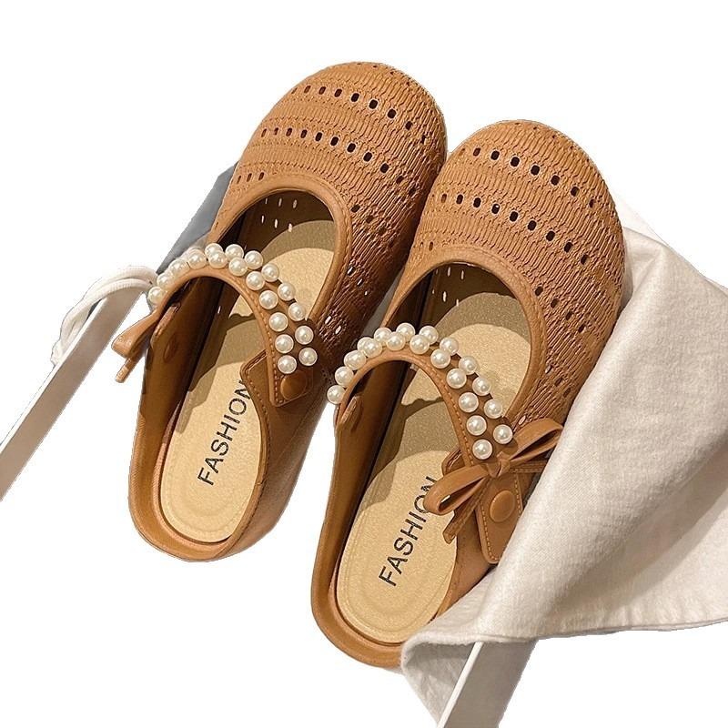 Half-bag Head Slippers Women's Summer Outer Wear New Fashion Niche Hollow Pearl Comfortable Outer Wear Cool Slippers