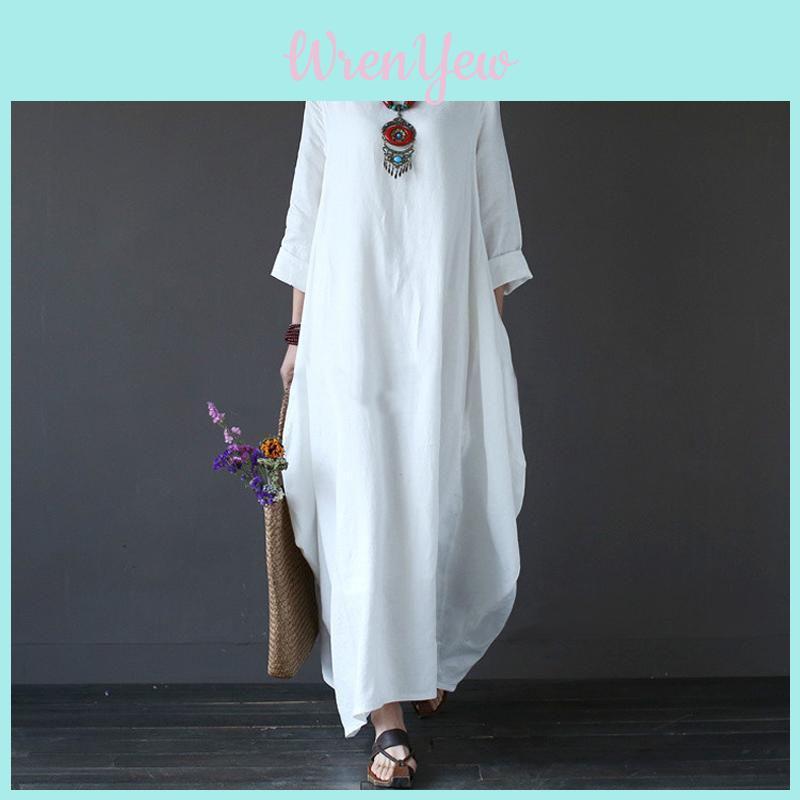 Chic Women Boho Cotton Linen Loose Long Sleeve Maxi Beach Blouse Casual Dress With Timeless Design