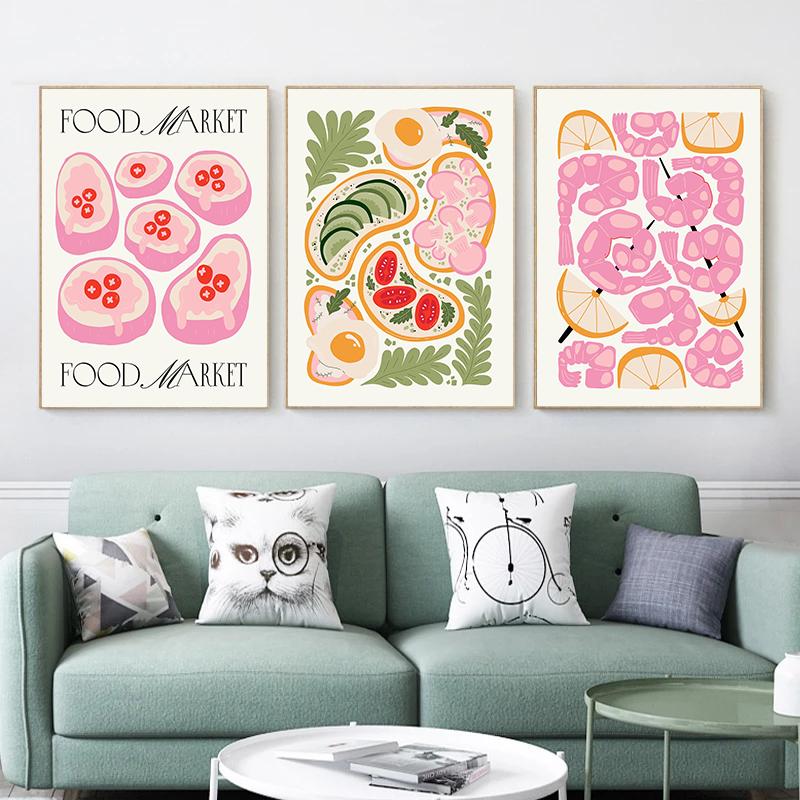 Minimalism Foods Posters Delicious Oyster Pink Ramen Bowl Shrimp Hot Dog Prints Canvas Painting Wall Pictures Home Kitchen Decor
