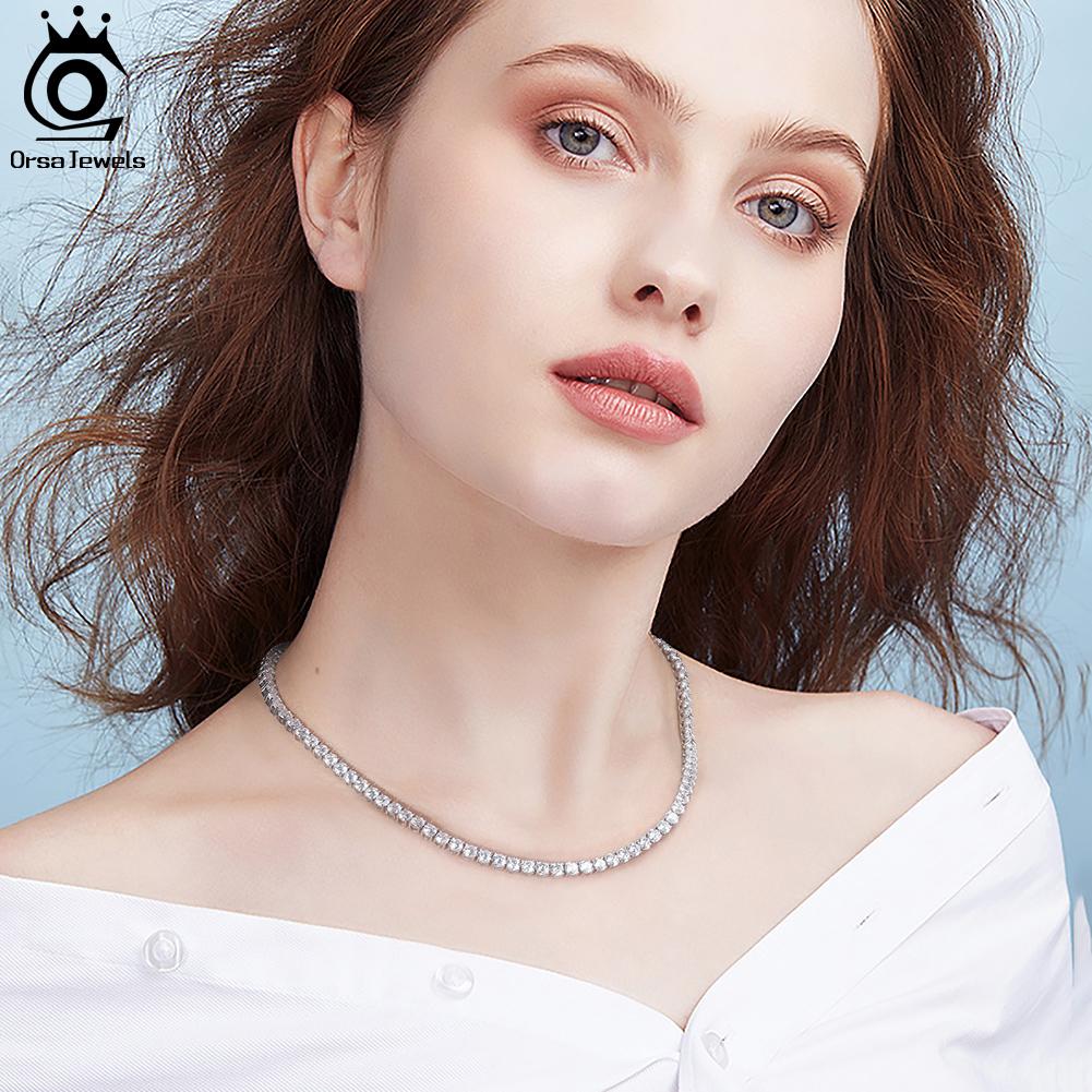 ORSA JEWELS Роскошное Серебряное Ожерелье-Цепь Тонкая 3/4 мм 'Теннисное' для Женщин Модное Круглое Ожерелье с Кубическим Цирконием Ювелирное Изделие SC74