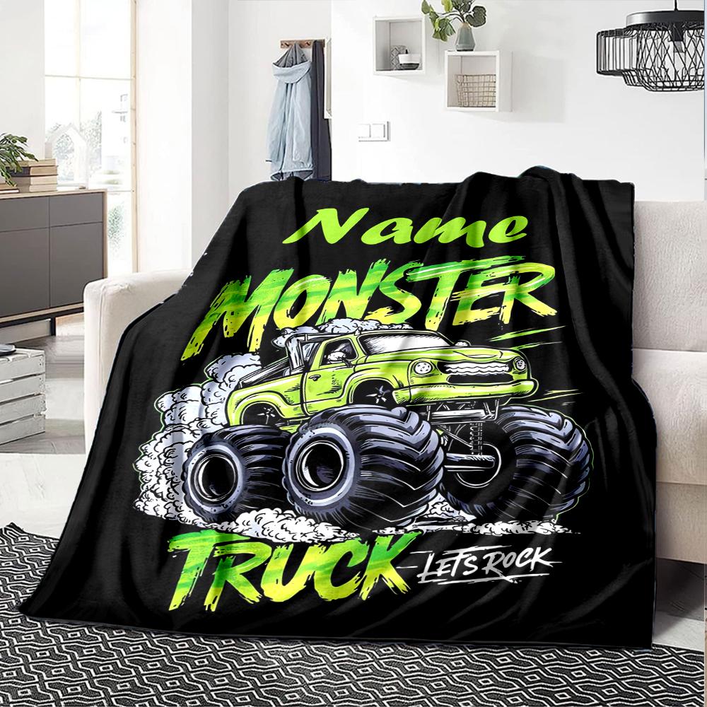Custom Name Truck Theme Printed Blanket - Perfect for Couch, Bed, Travel & Outdoor Use | Machine Washable, Cozy & Durable.