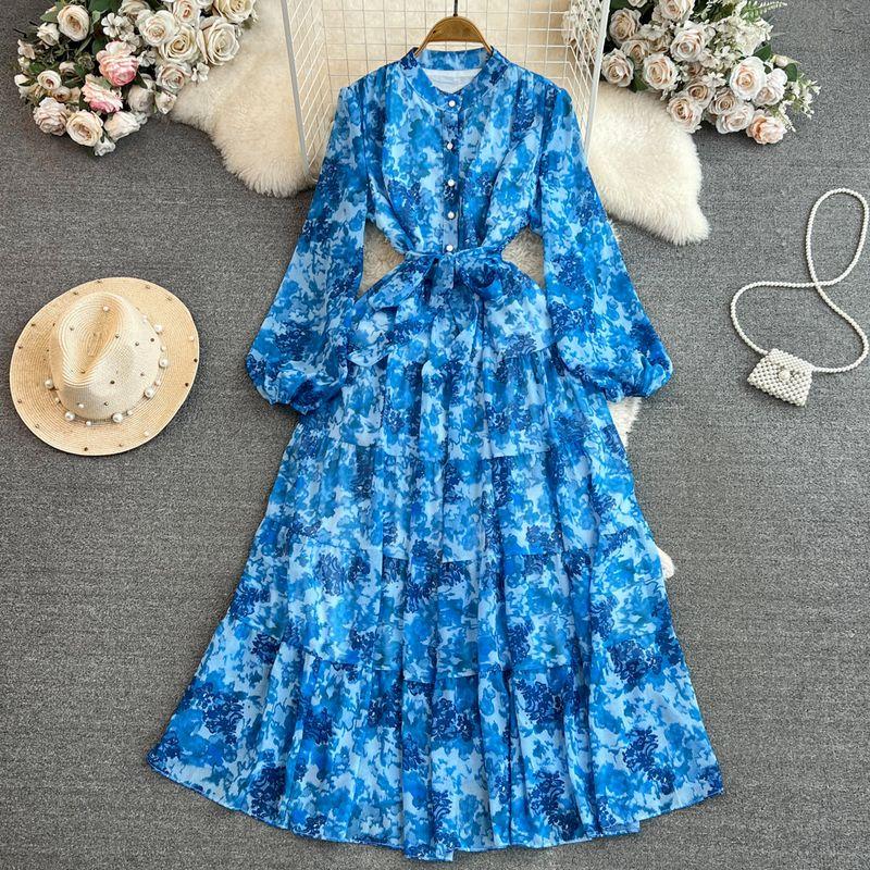 Long Sleeves Stand Collar A- Line Elegance Wide Hem Printed Dress