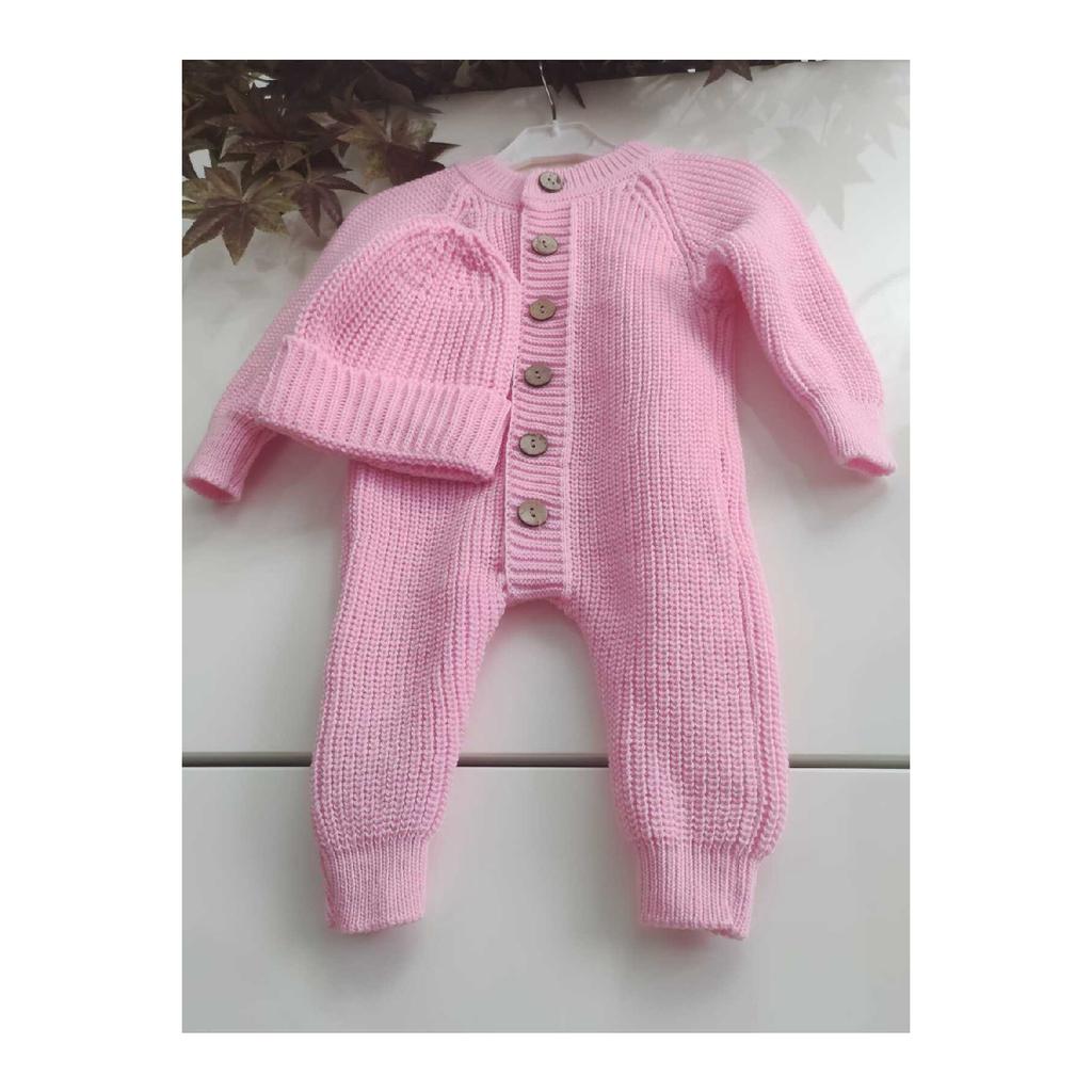 Buttoned Beige Thessaloniki Knitted Knitted Baby Jumpsuit With Hat