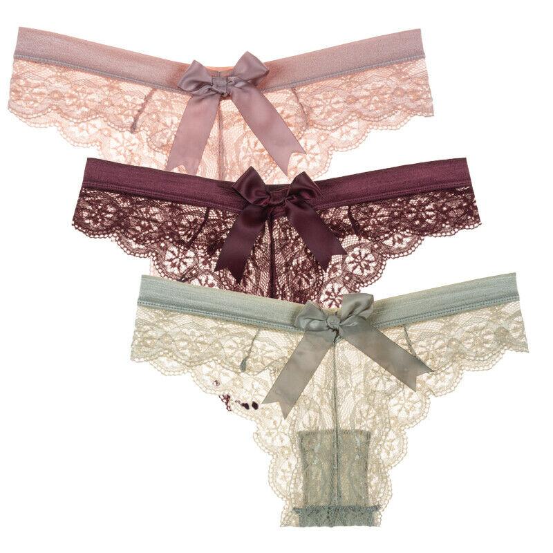 3 шт./лот женские кружевные стринги с бантом сексуальные трусики с низкой талией трусы
