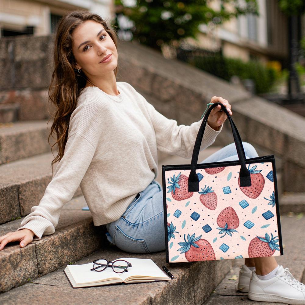 Strawberry Printed Tote Bag Fashion Casual Shoulder Handbag for Daily Use